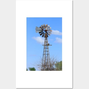 Kansas Farm Windmill with clouds  and tree's. Posters and Art